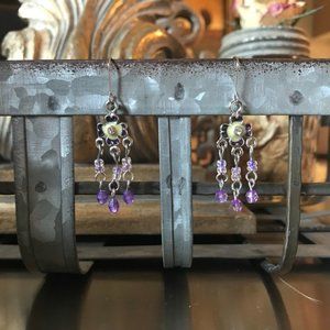 Purple and Cream Flower Earrings with Clear Crystal Rhinestone